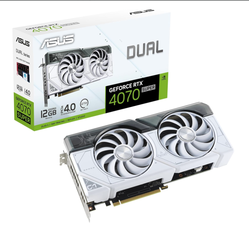 ASUS Dual GeForce RTX 4070 SUPER 12GB - White Edition - graphics card - GeForce RTX 4070 Super - 12 GB GDDR6X - PCIe 4.0 - HDMI, 3 x DisplayPort - white - box