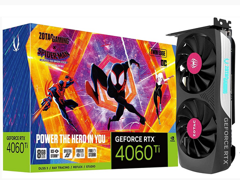ZOTAC GAMING GeForce RTX 4060 Ti Twin Edge OC SPIDER-MAN: Across the Spider-Verse Bundle - Graphics card - GeForce RTX 4060 Ti - 8 GB GDDR6 - PCIe 4.0 x8 - HDMI, 3 x DisplayPort - box